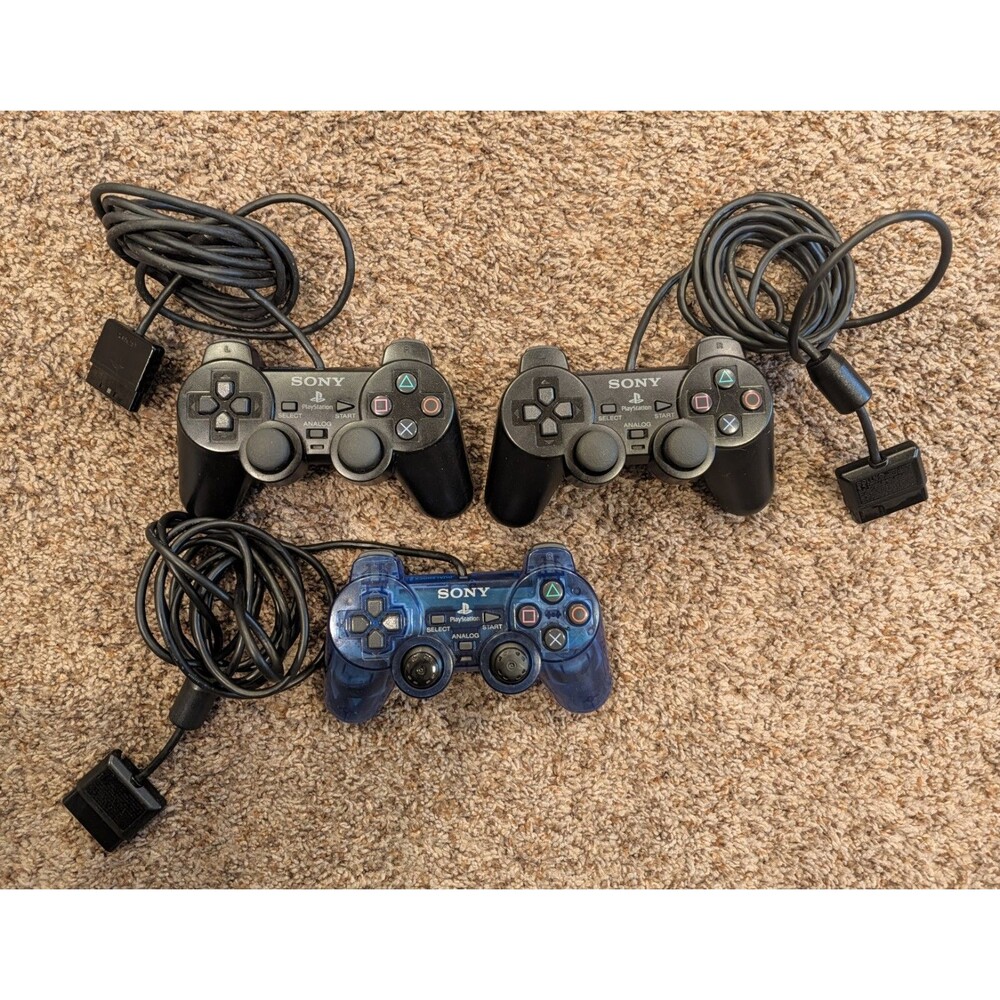 Lot of 3 Sony PS2 DualShock 2 Controllers Black & Ocean Blue Scph-10010 Untested